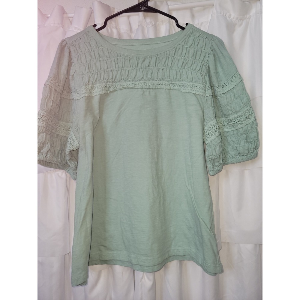 LOFT Mint Green Smocked Lace Puff Sleeve Top Womens Large Knit Blouse 1322